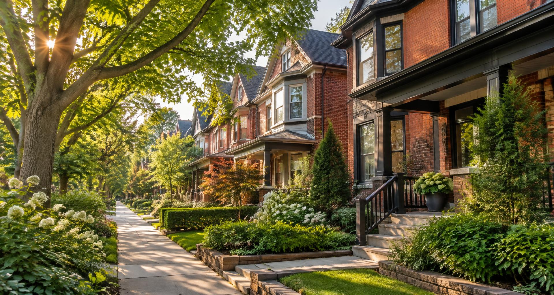 Welcoming brick homes and leafy gardens on an illustrative Toronto neighbourhood street